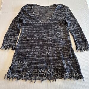 NIC+ZOE Knit Fringe V Neck Cover Up‎ Dress Tunic Top Womens Small 3/4 Sleeve